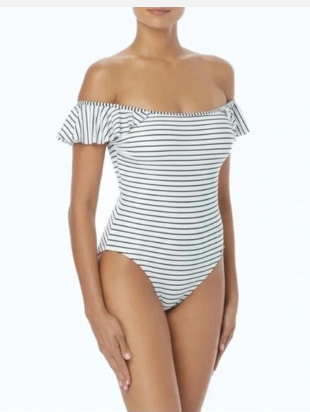 Vince Camuto Striped Ruffle Off-The-Shoulder One Piece Swimsuit NWT Sz 8